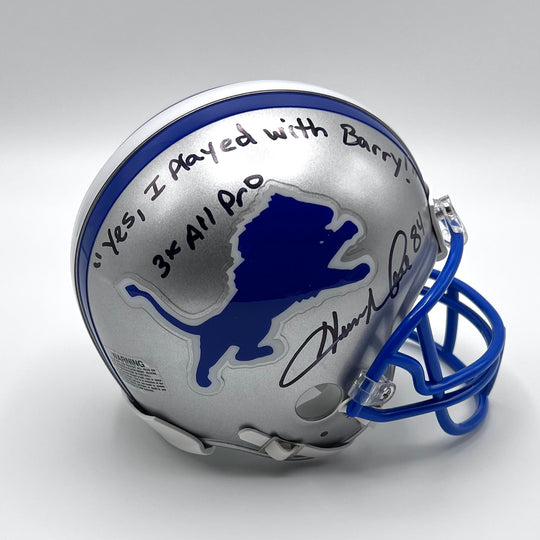 Herman Moore 'Yes, I Played with Barry' Autographed Detroit Lions Throwback Mini-Helmet Beckett Certified