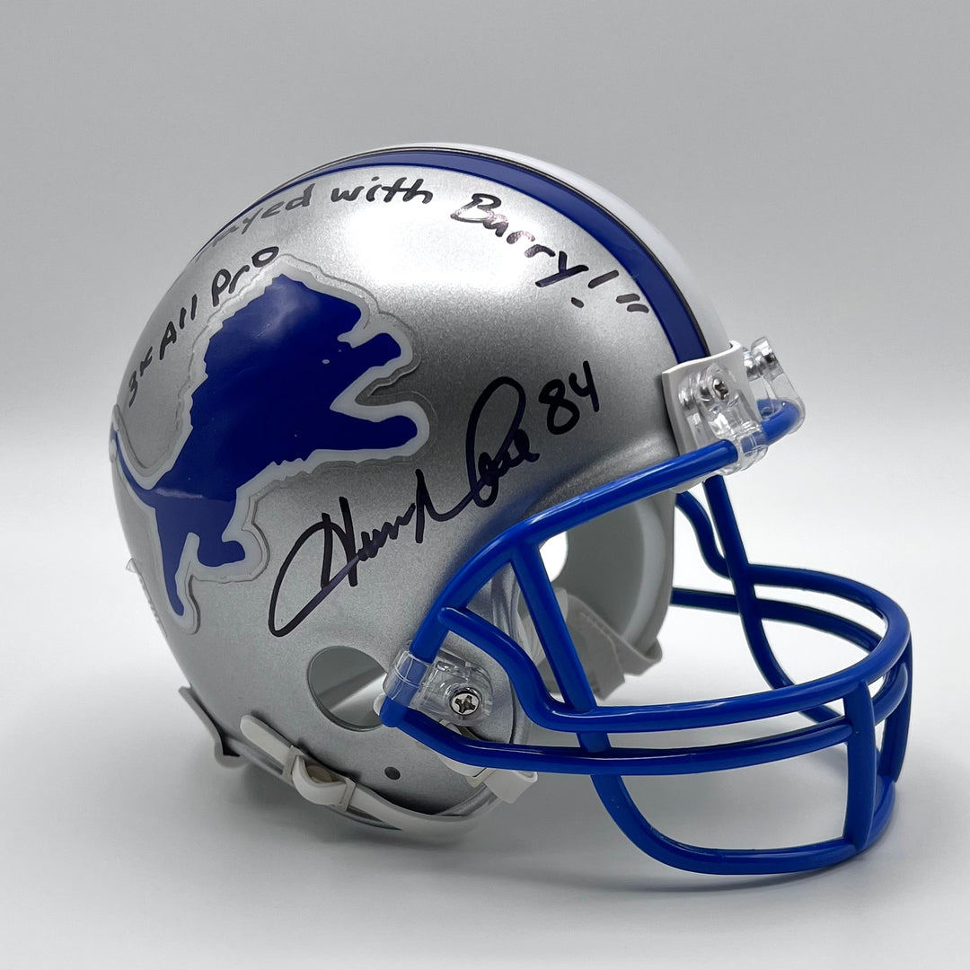 Herman Moore 'Yes, I Played with Barry' Autographed Detroit Lions Throwback Mini-Helmet Beckett Certified